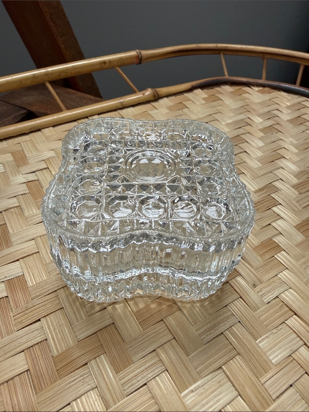 Vintage Romanian Pressed Glass Lidded Trinket Jewelry Box Clear Diamond Pattern